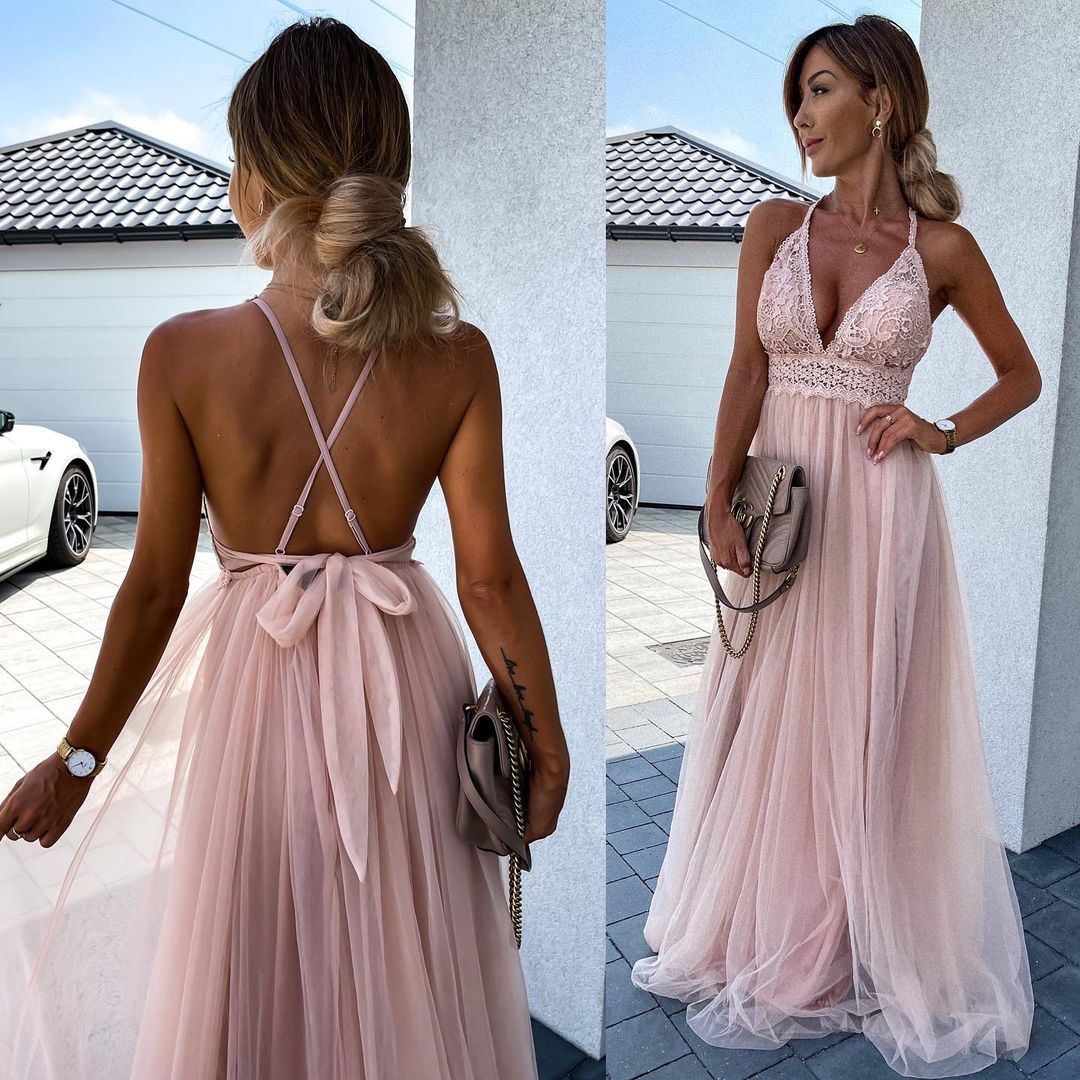 Mesh Deep V Dress Long Dress