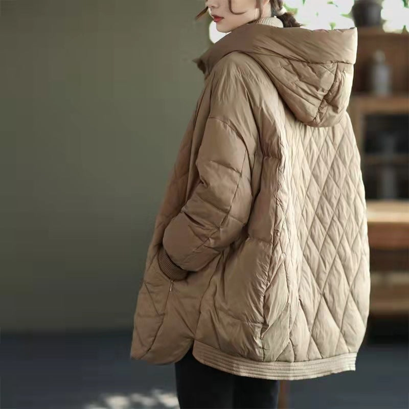 Mid-length Autumn And Winter Loose White Duck Down Thin Hood Down Jacket