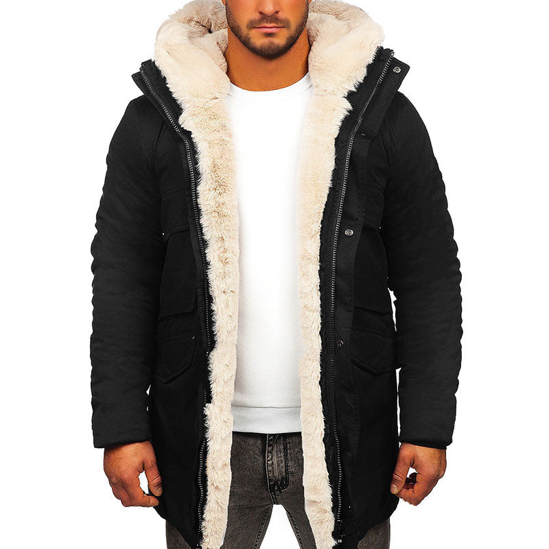 Men's Fur Integrated Hooded Jacket Thick Warm Jacket Faux Fur Cotton-padded Coat