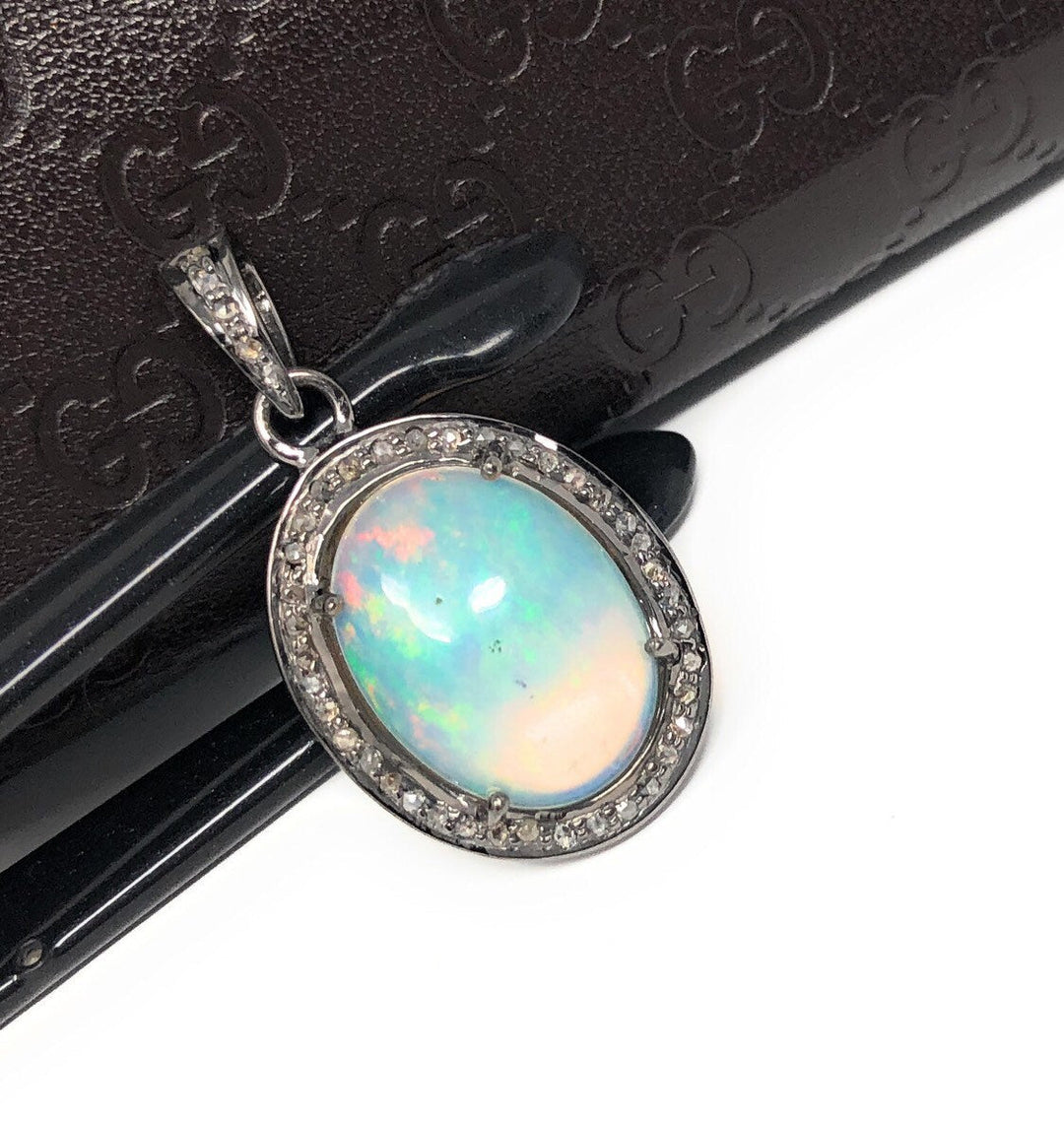 Ethiopian Opal Pendant, Gemstone Pendant, Diamond Pendant, Oxidized