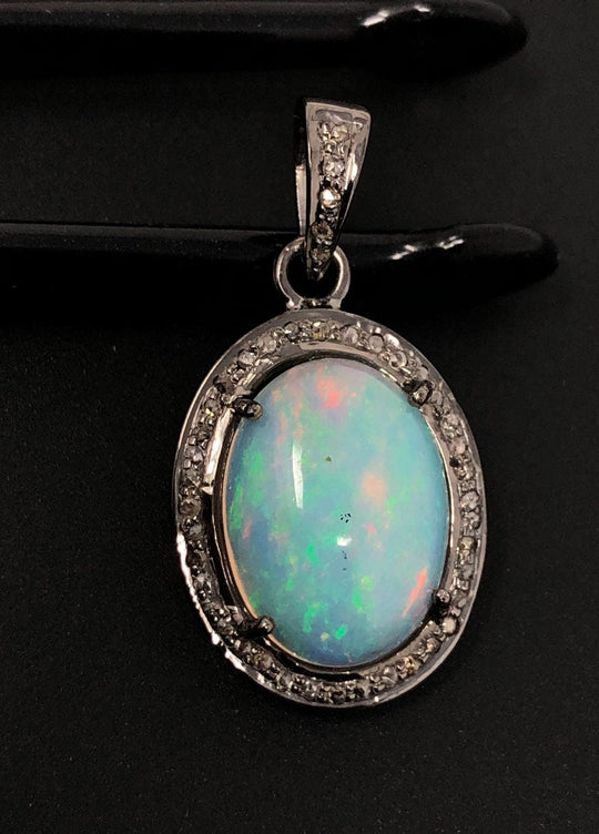 Ethiopian Opal Pendant, Gemstone Pendant, Diamond Pendant, Oxidized