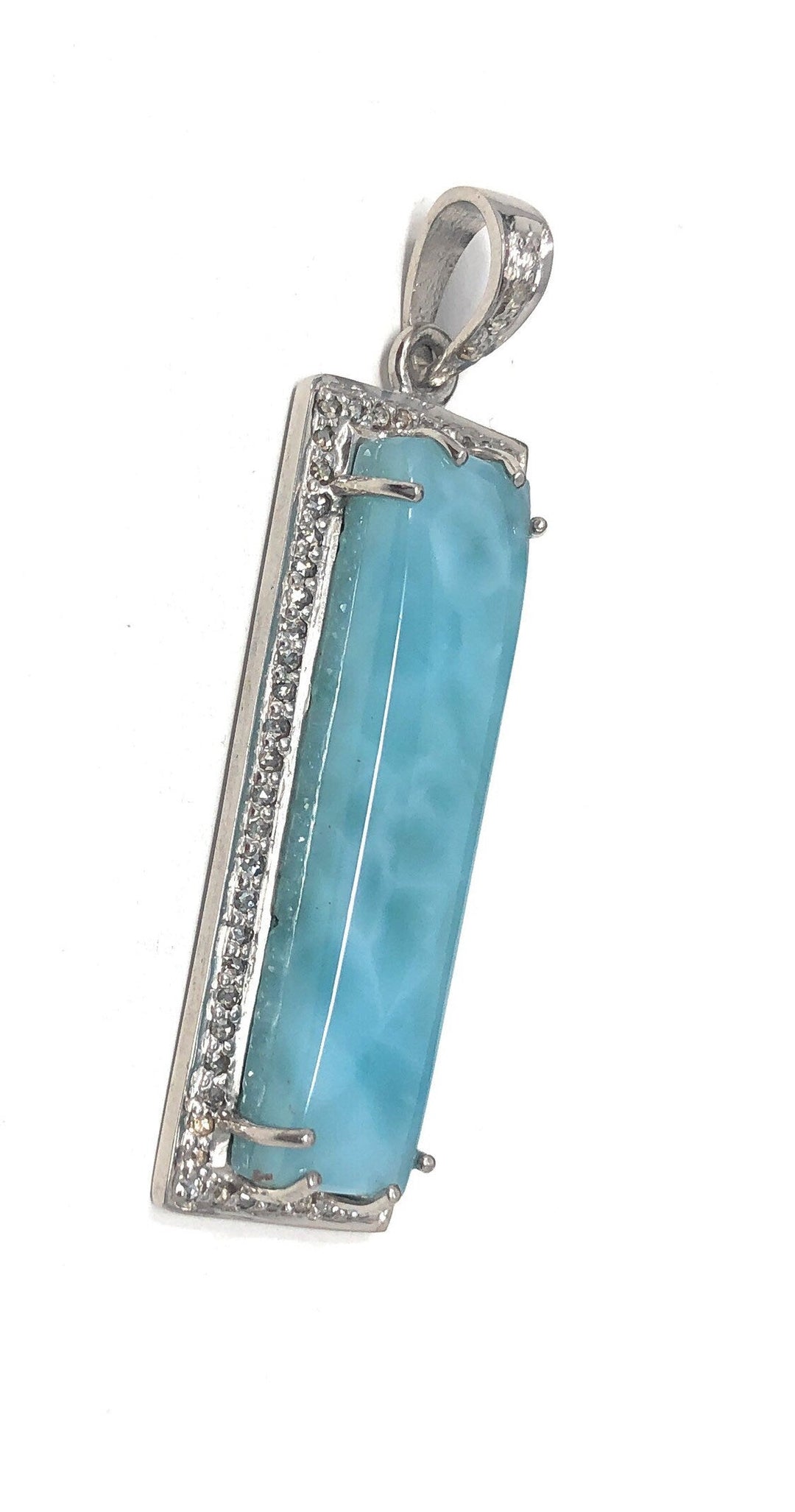Natural Larimar Gemstone Diamond Pendant, Sterling Silver Jewelry,