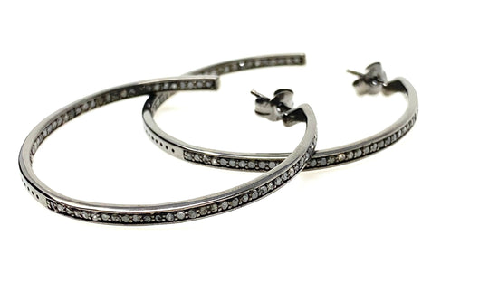 45mm Diamond Hoop Earrings, Oxidized Sterling Silver Pave Diamond