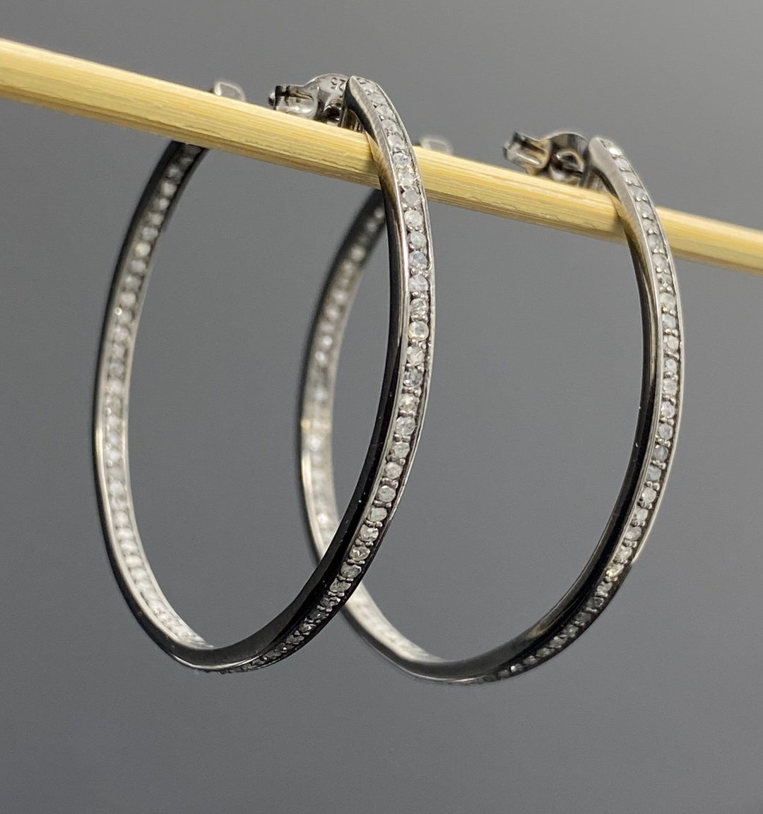 45mm Diamond Hoop Earrings, Oxidized Sterling Silver Pave Diamond