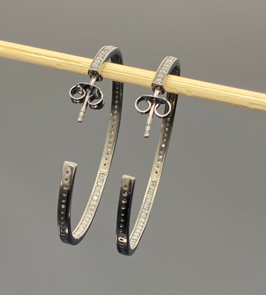 45mm Diamond Hoop Earrings, Oxidized Sterling Silver Pave Diamond