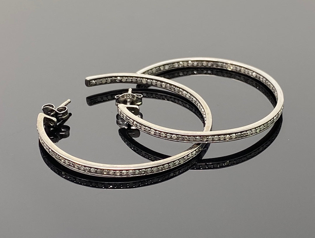 45mm Diamond Hoop Earrings, Oxidized Sterling Silver Pave Diamond