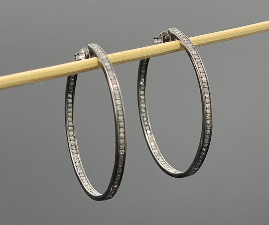 45mm Diamond Hoop Earrings, Oxidized Sterling Silver Pave Diamond