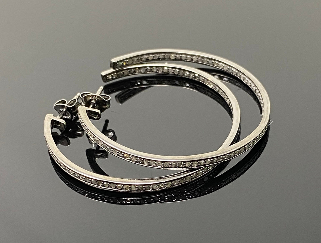 45mm Diamond Hoop Earrings, Oxidized Sterling Silver Pave Diamond