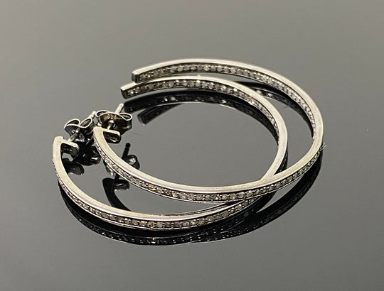 45mm Diamond Hoop Earrings, Oxidized Sterling Silver Pave Diamond