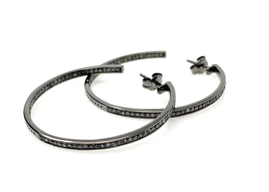 45mm Diamond Hoop Earrings, Oxidized Sterling Silver Pave Diamond