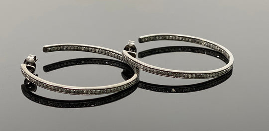 45mm Diamond Hoop Earrings, Oxidized Sterling Silver Pave Diamond