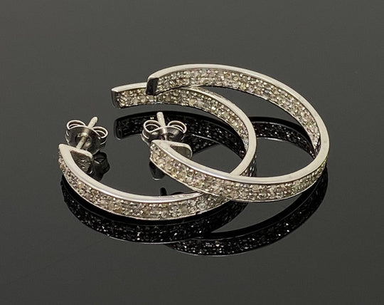 25mm Diamond Hoop Earrings, Sterling Silver Pave Diamond Earrings,