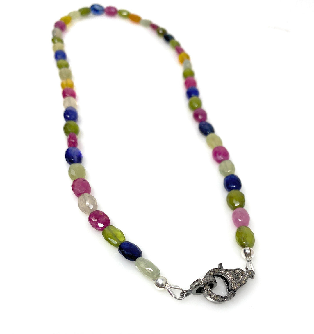 17.15” Genuine Multi Sapphire Necklace with Pave Diamond Clasp,