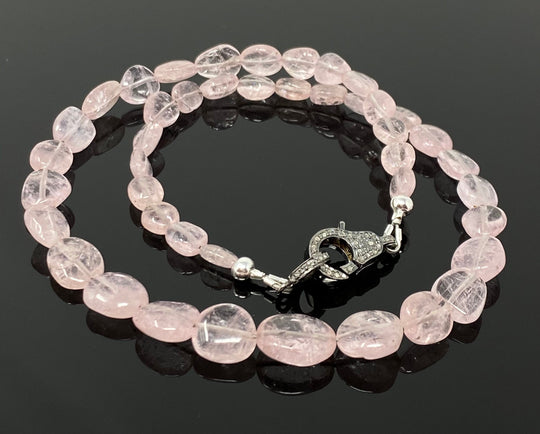16.5” Genuine Morganite Necklace with Pave Diamond Clasp, Natural Pink