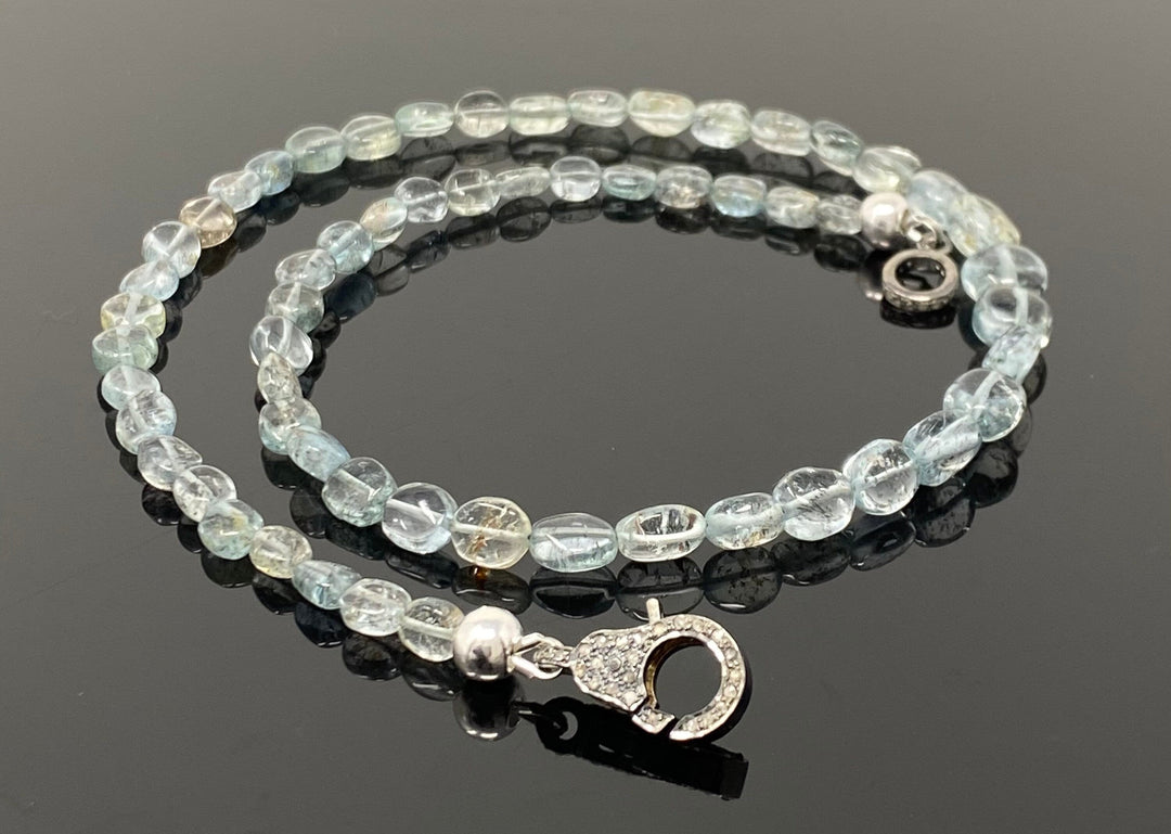 17.5” Moss Aquamarine Necklace with Pave Diamond Clasp, Aquamarine