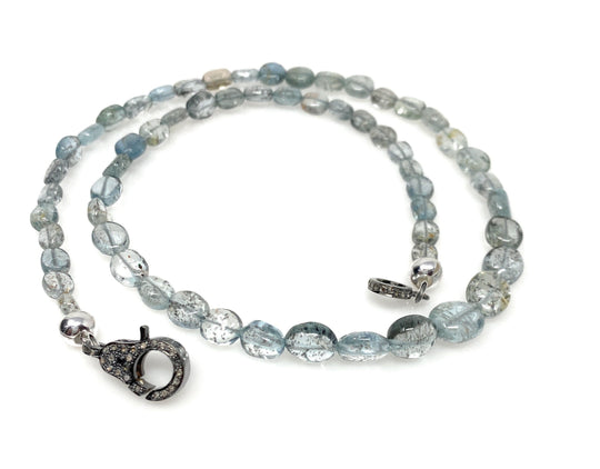 17.5” Moss Aquamarine Necklace with Pave Diamond Clasp, Aquamarine