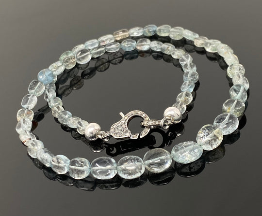 17.5” Moss Aquamarine Necklace with Pave Diamond Clasp, Aquamarine