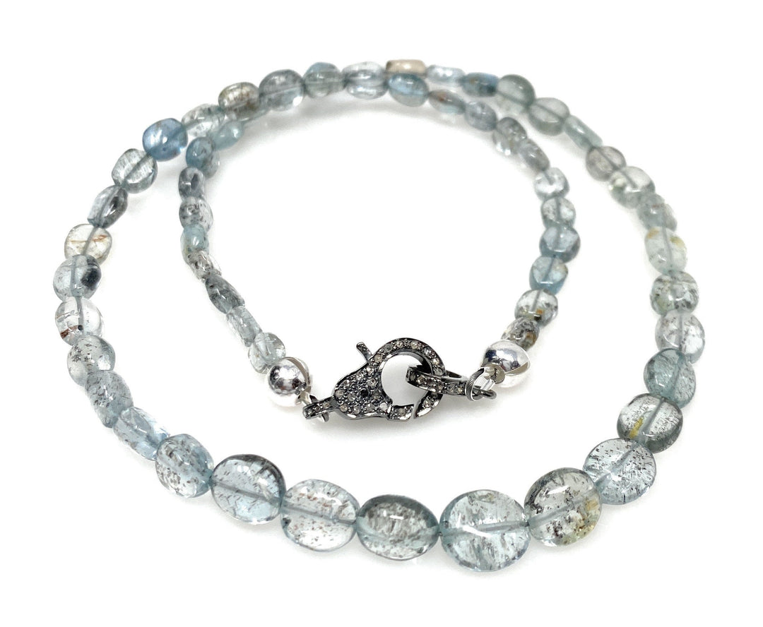 17.5” Moss Aquamarine Necklace with Pave Diamond Clasp, Aquamarine