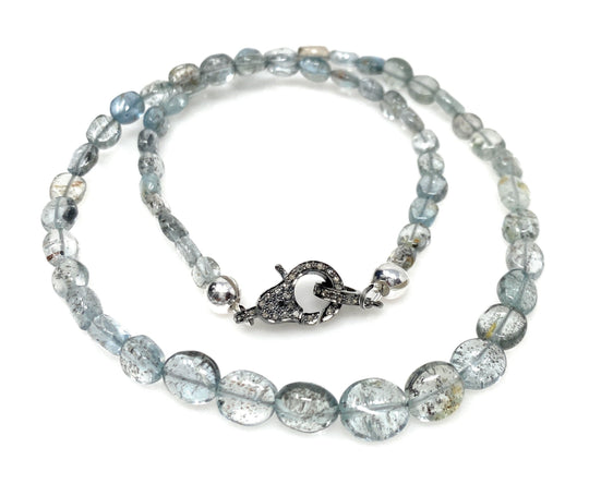 17.5” Moss Aquamarine Necklace with Pave Diamond Clasp, Aquamarine