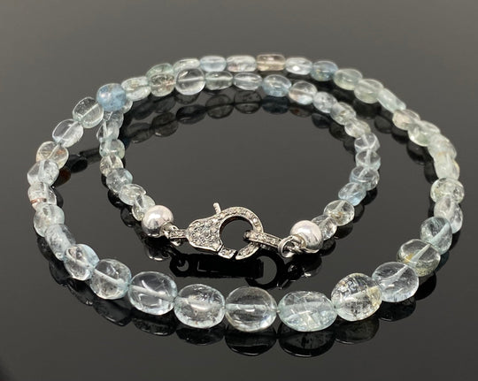 17.5” Moss Aquamarine Necklace with Pave Diamond Clasp, Aquamarine