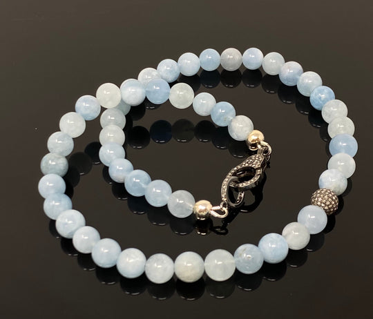 17” Natural Aquamarine Necklace with Pave Diamond Bead and Pave Diamon