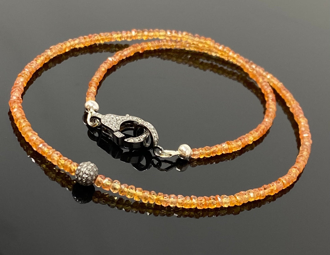 17.5” Genuine Orange Songea Sapphire Necklace with Pave Diamond Clasp,
