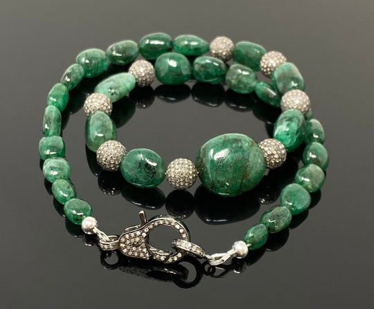 16.25” Genuine Zambian Emerald Nugget Necklace with Pave Diamond Beads