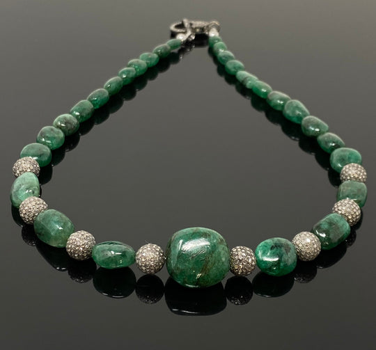 16.25” Genuine Zambian Emerald Nugget Necklace with Pave Diamond Beads