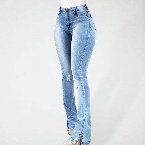 Elastic slit flared high waist jeans women's trousers