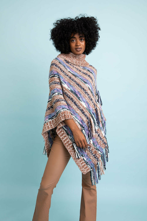 Multicolor Marled Knit Turtle Neck Poncho