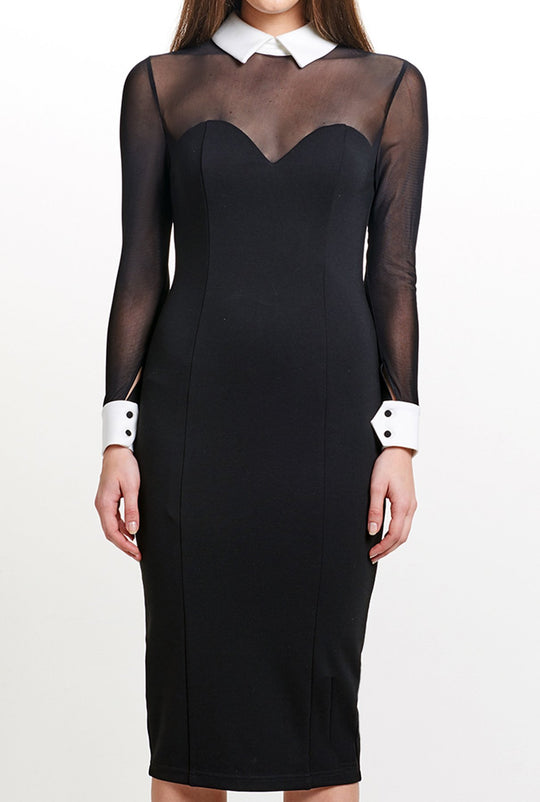 Tuxedo Illusion Dress - Midi dress with mesh sleeves, & contrast