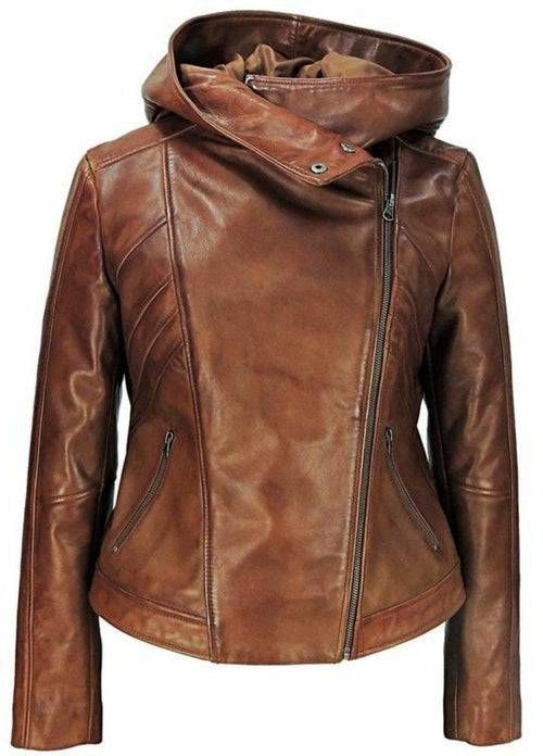 Sasha High Fashion Womens Hooded Leather Jacket